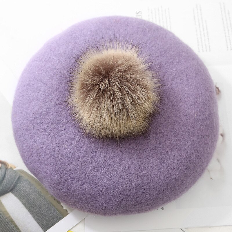 Vrouwelijke Winter Herfst Wollen Pompom Baret Hoed Effen Vrouwen Boina Franse Hoed Meisjes Outdoor Warm Baretten Schilder cap: Paars