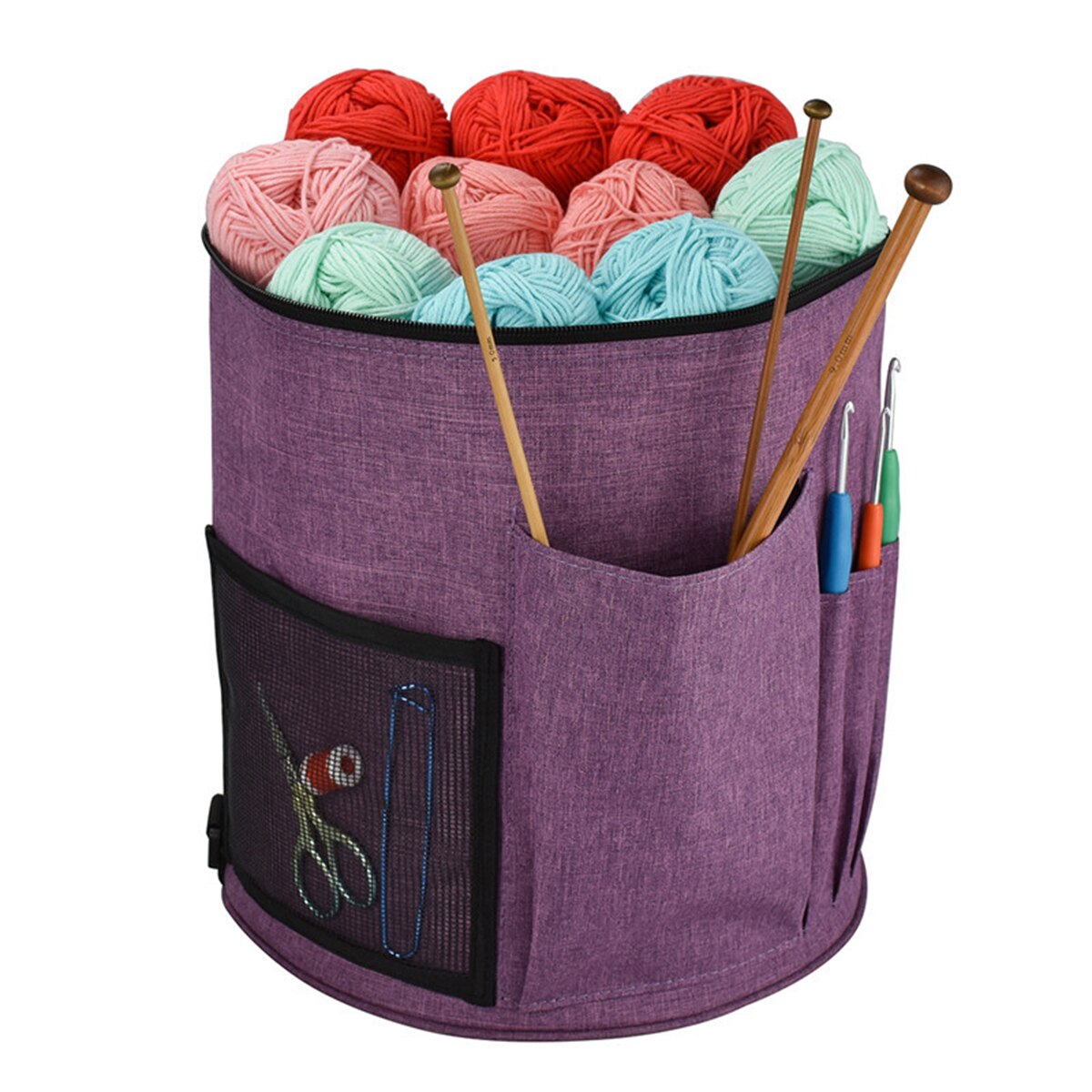 Fustylead Cute Bees And Colorful Flowers Large Yarn Storage Tote Basket, Knitting Crochet Drawstring Organizer Bag For Crocheting Project, Yarn Balls, Needles Accessories