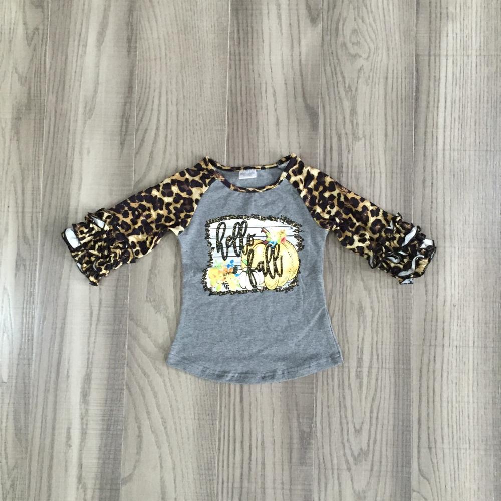 Girlymax efterår vinter hej efterår græskar bomuldstop leopard grå icing ærme t-shirt baby piger raglans boutique børnetøj: 12m