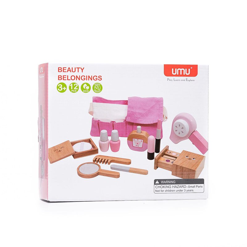 12 stk træ skønhedssalon foregive makeup legetøj rollespil kosmetik legetøj simulation skønhed tilbehør til børn: Med kasse