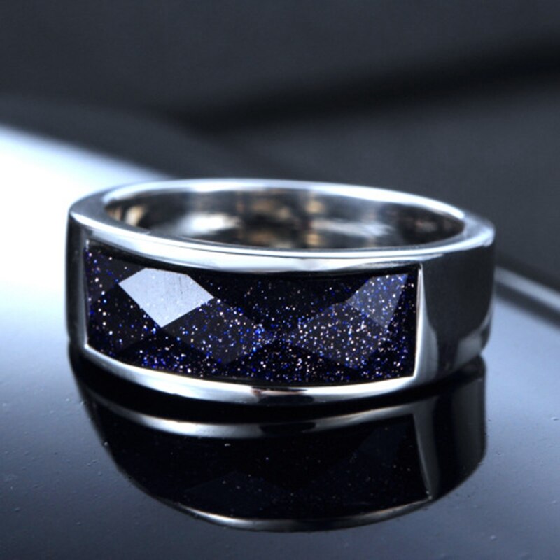 Doyubo herenringaccessoires van roestvrij staal met vierkante blauwe stenen, herenring met graveerlogo en naam  da141