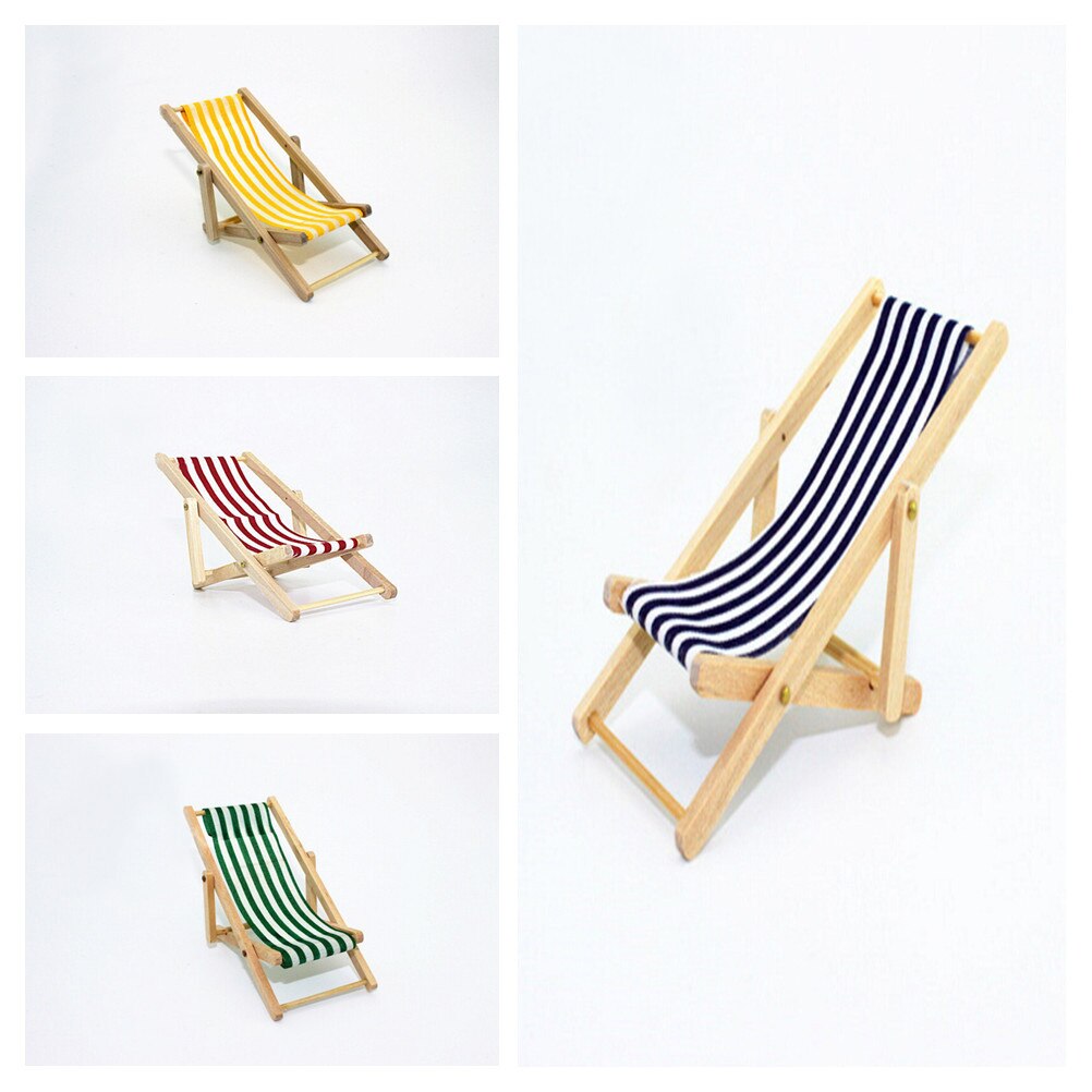 Silla plegable de madera a escala 1:12, casa de muñecas de playa para tumbona,