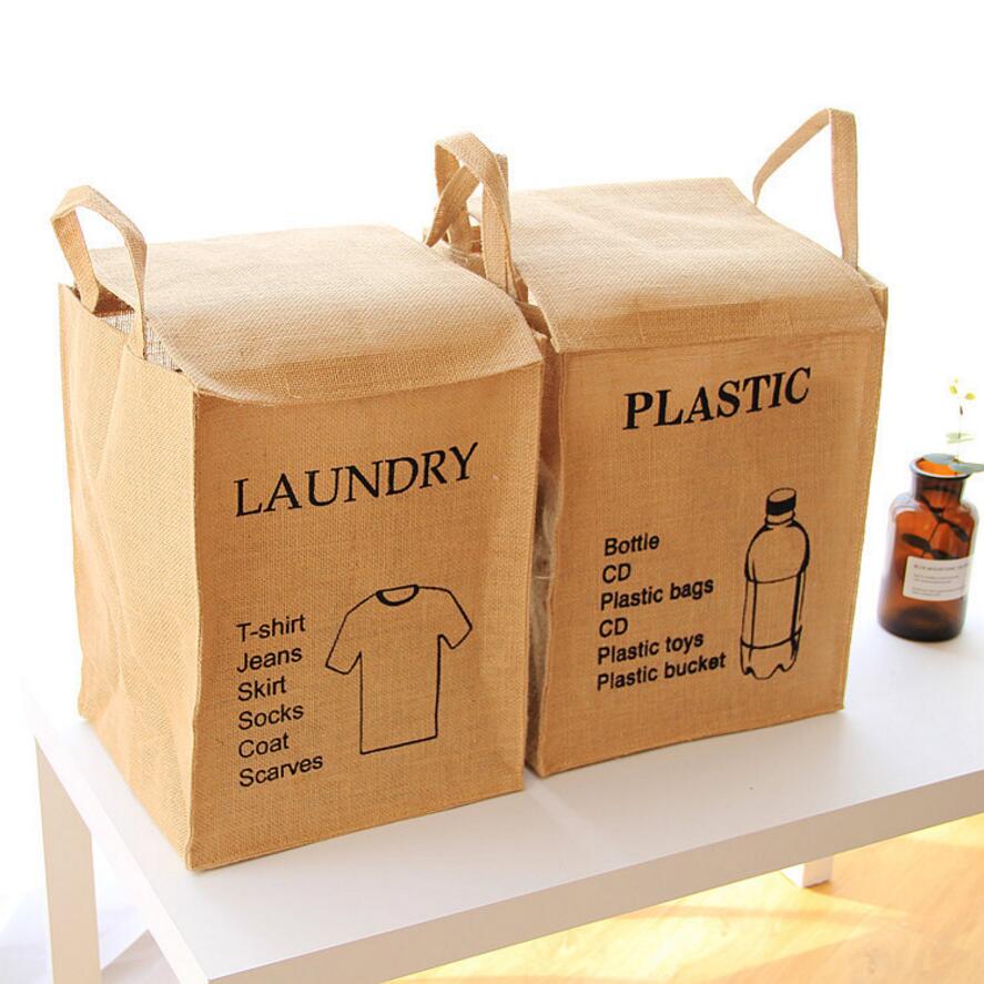 Fabric Living goods storage box Foldable natural Jute Linen Washing Clothes Laundry Basket Bag Hamper Storage