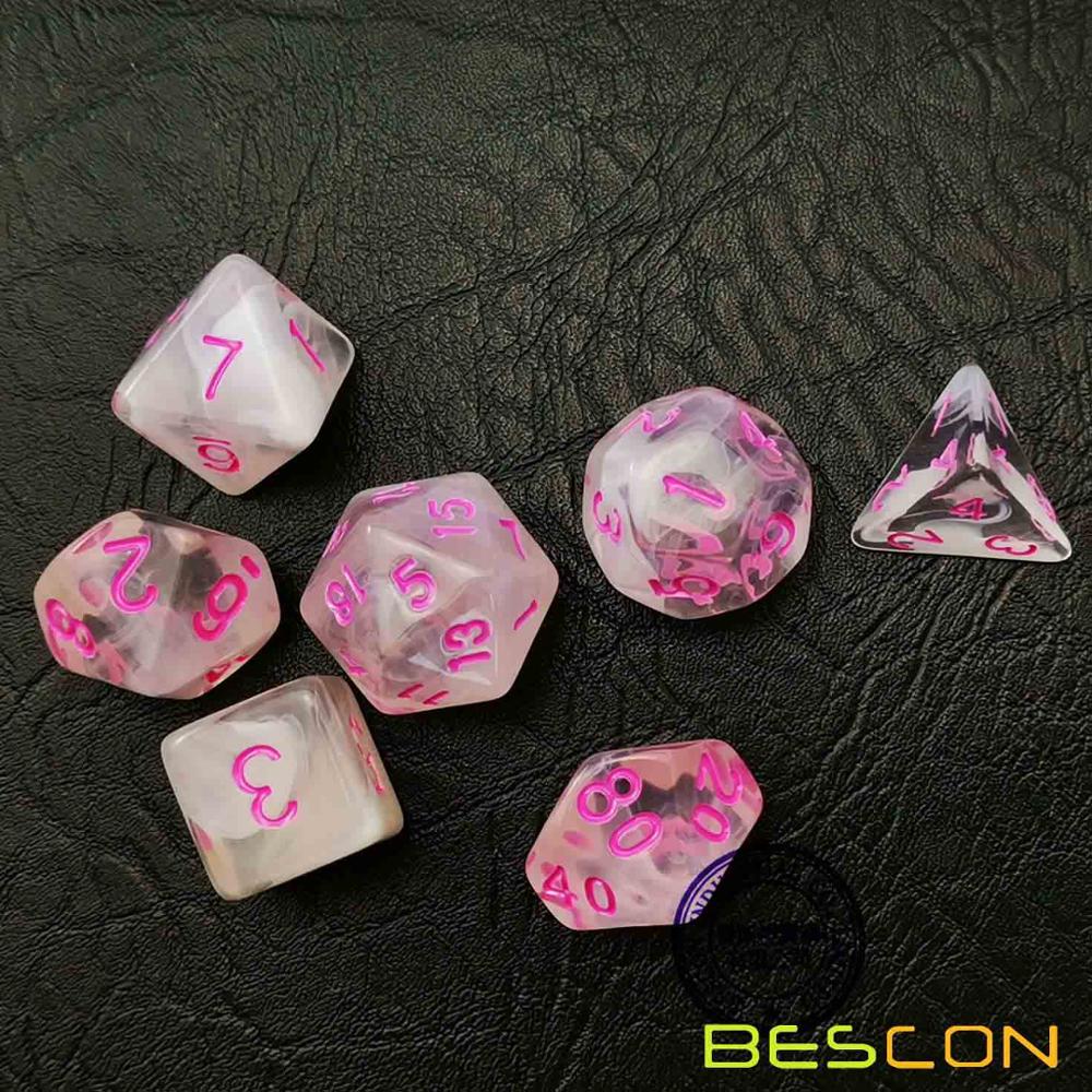 Bescon Crystal Blue 7-pc Poly Dobbelstenen Set, Bescon Polyhedral RPG Dobbelstenen Set Crystal Blue, Blush, Gras, paars, Zwart, Roze Cloud: Pink Cloud