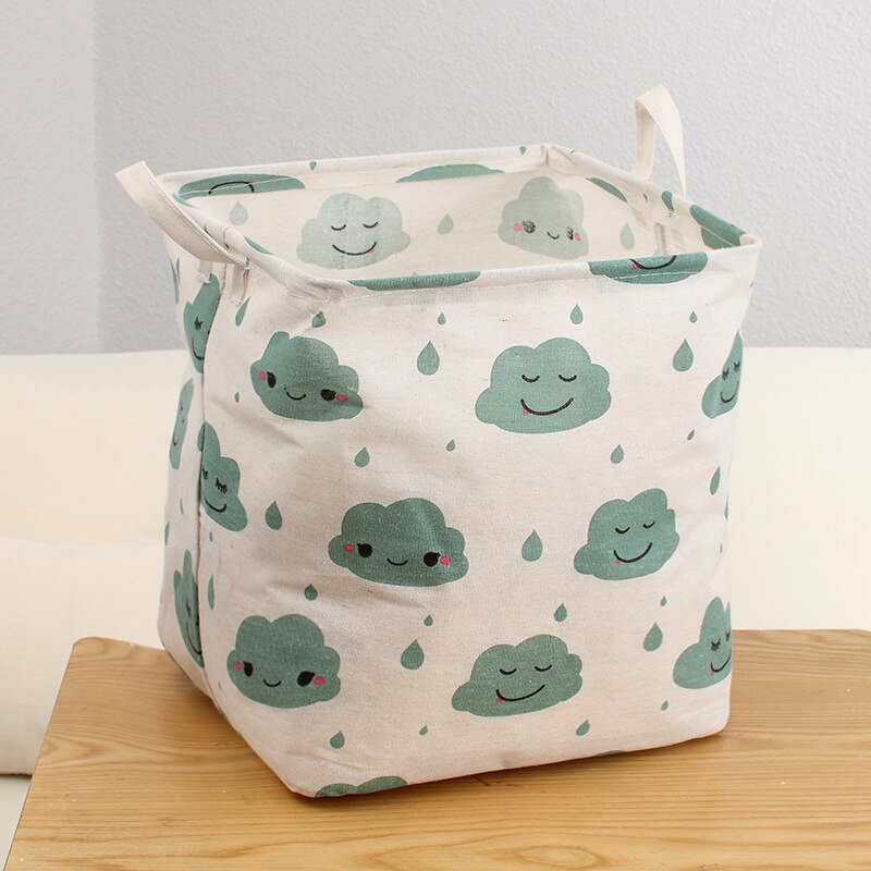 Linen Laundry Basket Square Dirty Clothes Toys Folding Organizer Bucket Anti-dust Big Storage Barrel Hamper Storage Home: Green Cloud