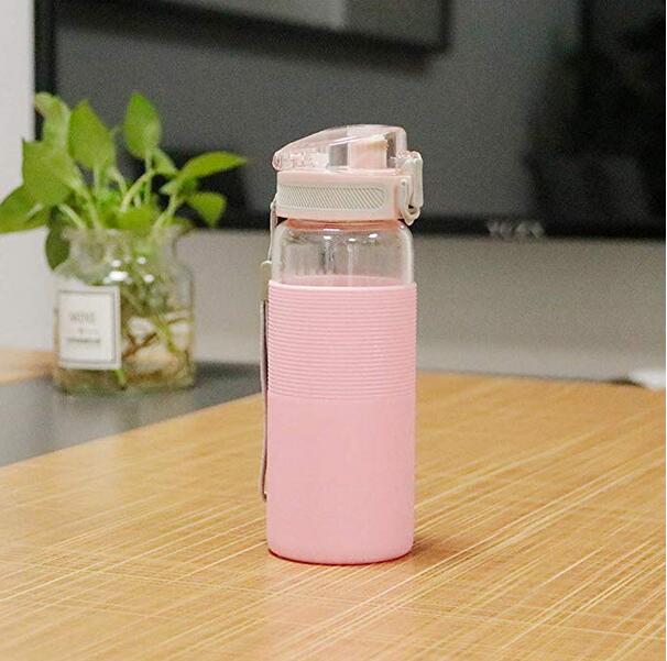 Borosilikatglas vandflaske med silikone ærme bpa gratis til børn 400ml 14 oz drikkeflaske med reb bærbar
