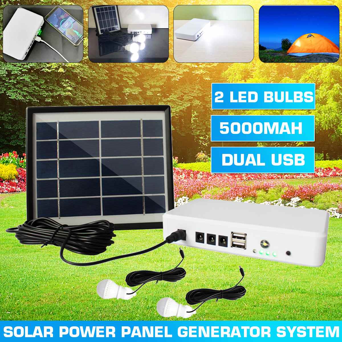 Zonnepaneel Generator Verlichting Kit Usb Solar Charger Met 2 Led Lamp Noodverlichting + 5V 1.5A Uitgang telefoon Oplader