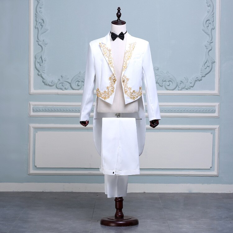 Sort broderi blomstret frakke jakkesæt sæt mænd slim fit club party scene smoking dragt sanger danser bal luksus terno masculino: Hvid / Xxl