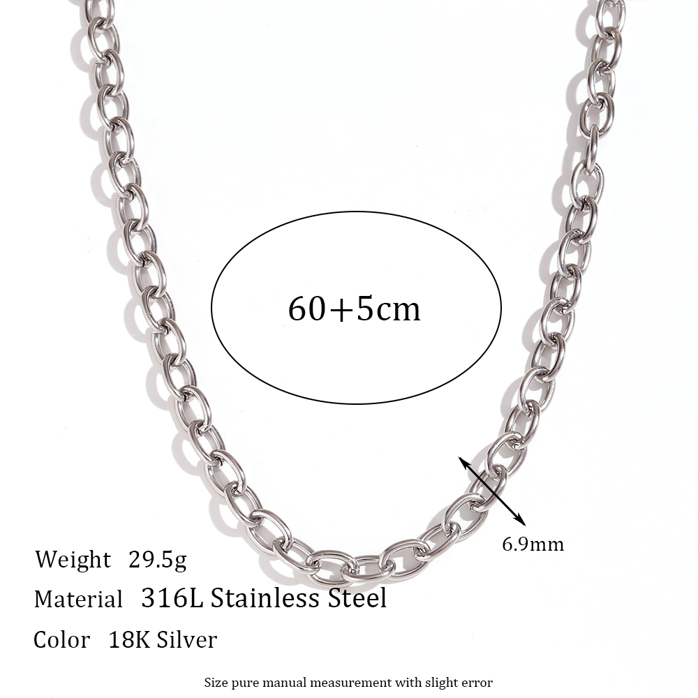 18K Gold Plated Silver Color Stainless Steel 7mm Oval Link Chain Chunky Choker Necklaces Long Link Chain Bracelet Anklets: Rhodium Plated