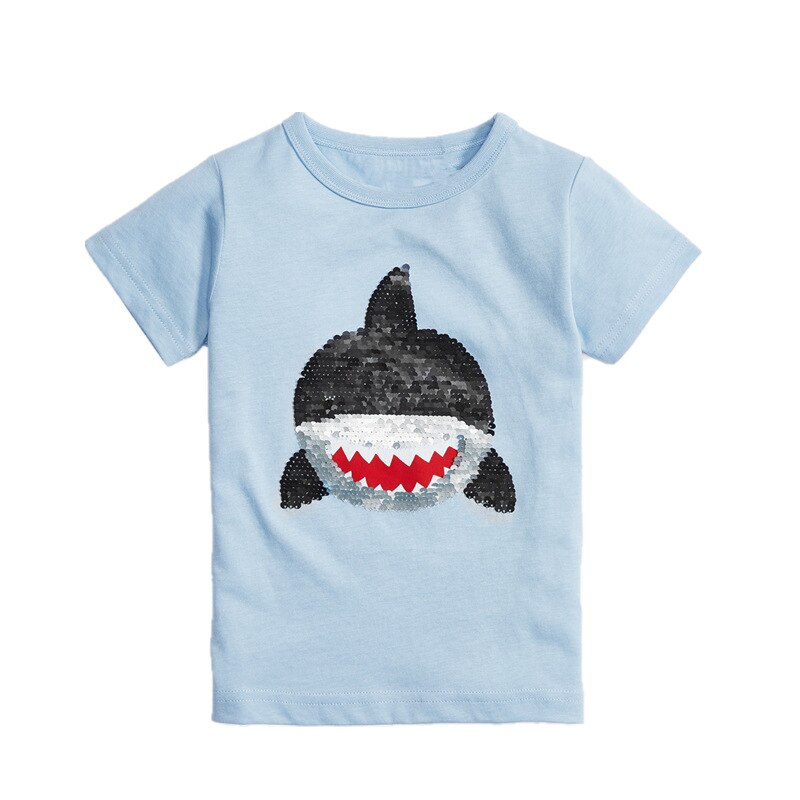 Camiseta con dibujo de dinosaurio tiburón para niños, ropa con lentejuelas, cambio de Color, verano,