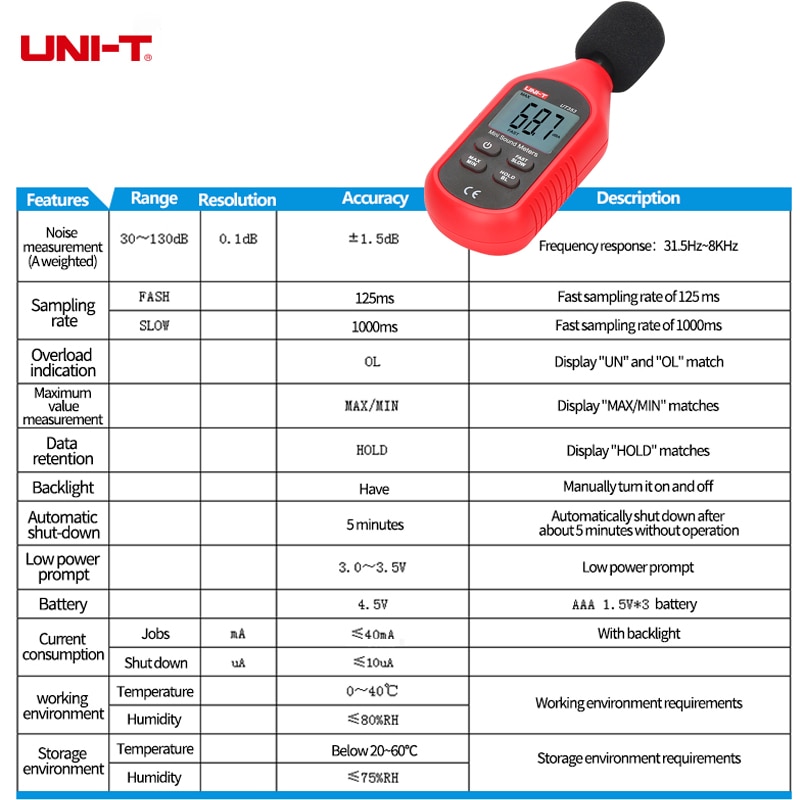 UNI-T Pro Mini Digital Sound Noise Level Meter 30 ~ 130dB Decibel Monitoring Indicator Testers UT353