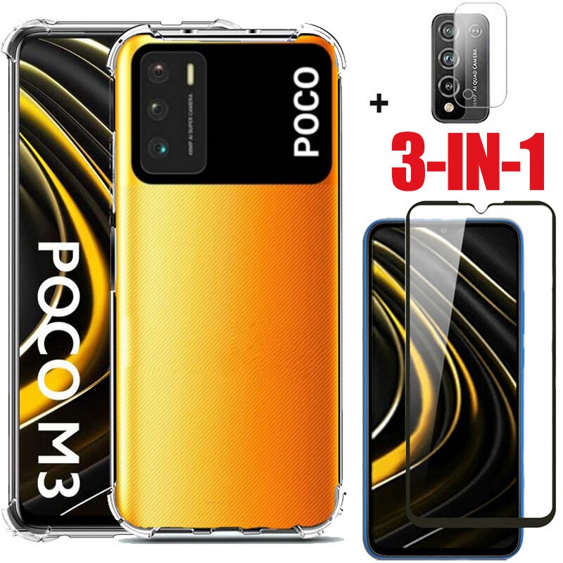 Capa, glas + Airbag Case Xiaomi Poco M 3 telefoon hoesje m3 poco Soft Clear Anti-Shock Covers Xiomi Pocco Poco M3 Cover Pocom3 telefoon Gevallen Poco M3 Case xiaomi poco m3 case: 3in1 for poco m3