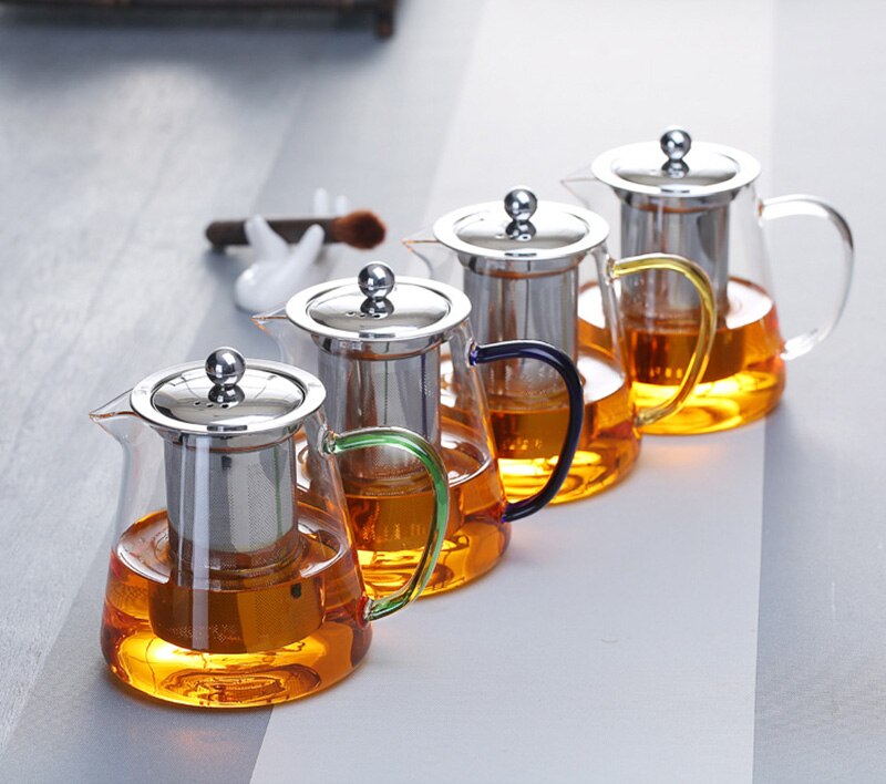 Farverig varmebestandig glas tekande 550ml med filter, tekande kan opvarmes direkte på brandfilter varme kaffekande kedel