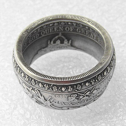 Bague pièce de monnaie UF(10) | Une couronne modèle Victoria, royaume-uni 1887, pièce plaquée argent, tailles 8-16