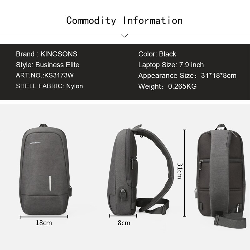 Kingsons Male Chest Bag Crossbody Bags Small Single Shoulder Back pack For Teenager Casual Travel Bag