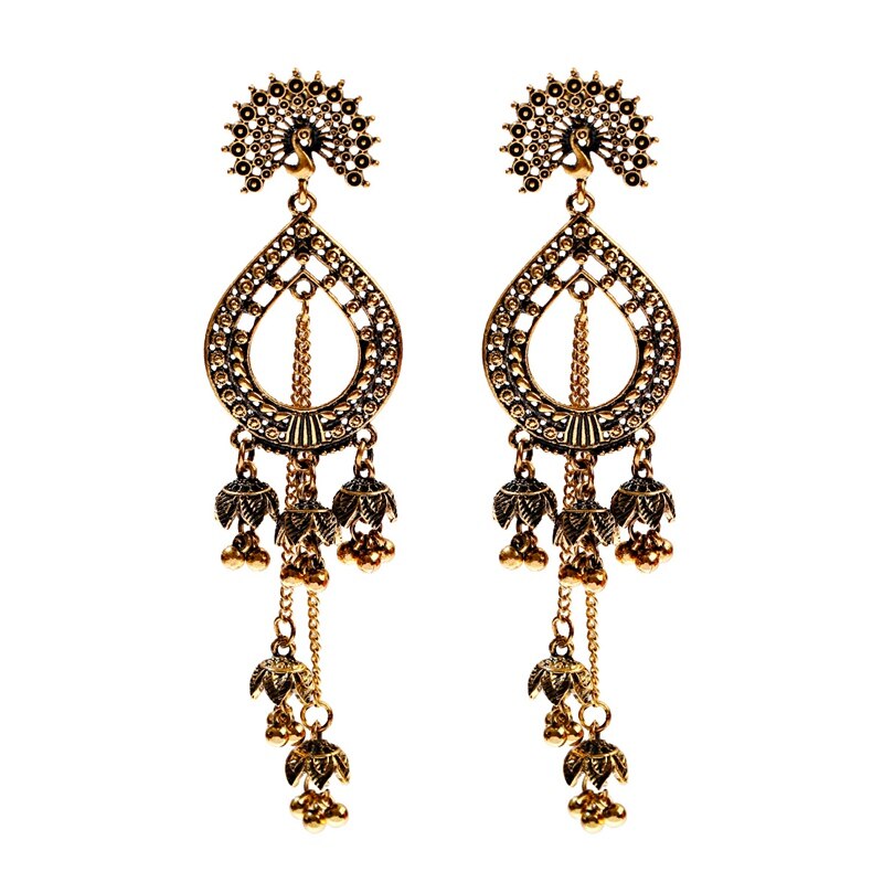 Vintage Indian Bollywood Kundan Peacock Carved Jhumka Jhumki Water Earrings Women Boho Ethnic Long Tassel Earring Jewelry: Gold