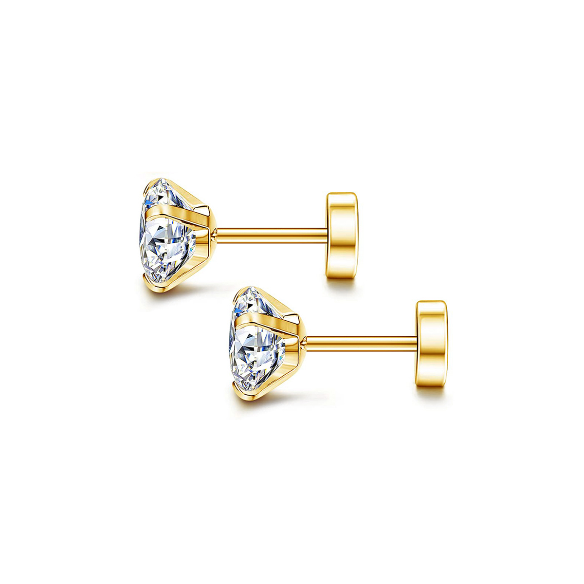 1Pair Stainless Steel Crystal Screw Back Stud Flat Earrings for Women Men Punk Cool Clear Cubic Zirconia Tiny Piercing Style: green / Gold-color