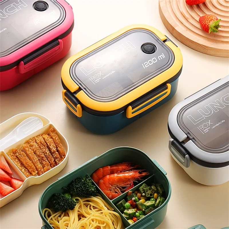 1200ML 2 Layer Bento Lunch Box With Spoon Fork, Kid High Capacity Microwae Food Containers Portable Leakproof Office Camping