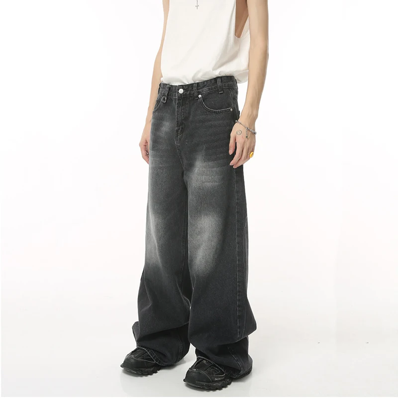 Men's Loose Jeans Black and Gray Retro American Style Straight Wide-leg Floor-length Denim Long Pants Streetwear Male