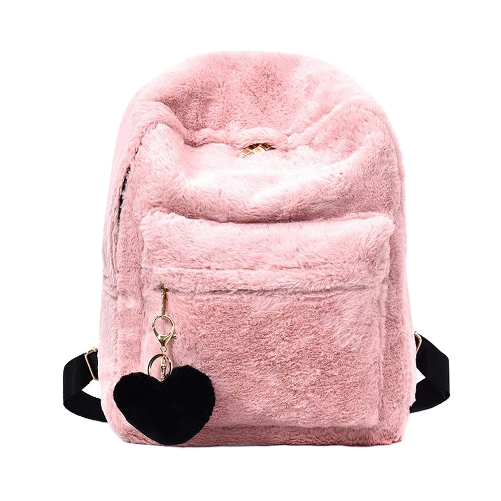 Ljl kvinder blød fuskepels plys rygsæk skuldertaske fluffy skoletaske med hjerte vedhæng (pink)