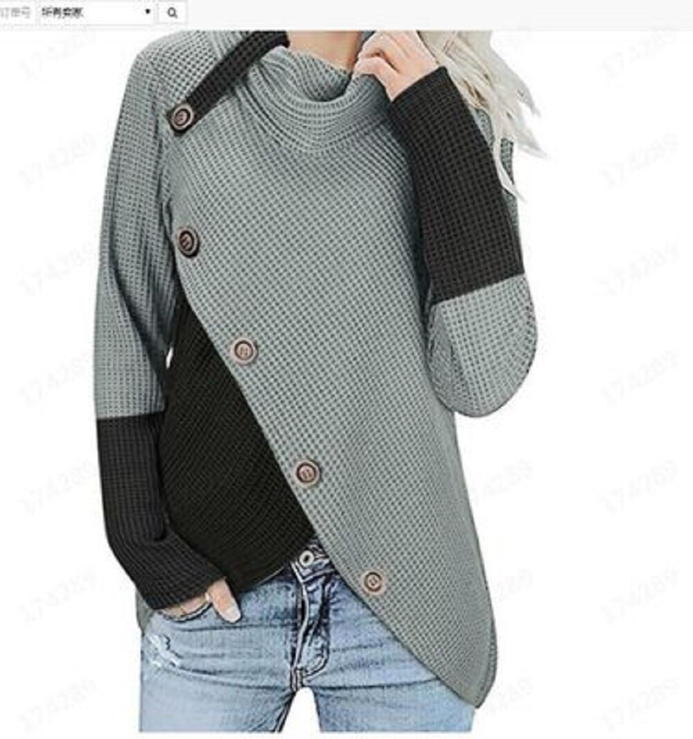 Kvinder vinter rullekrave trøjer langærmet knap patchwork pullovers sweater pull femme trøje: Grå / L