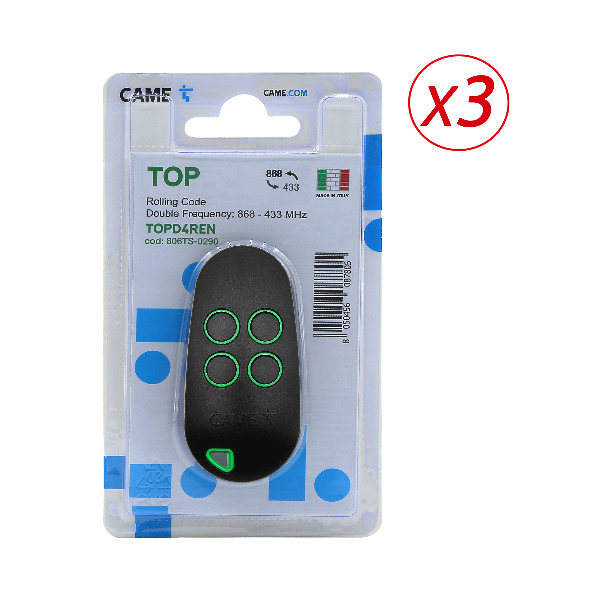 CAME REMOTE TOP D4REN 806TS-0290 Puerta remota de garaje 433,92 - 868,35 MHz Controlador de abridor de puerta de garaje Transmisor manual de 4 canales: Blanco