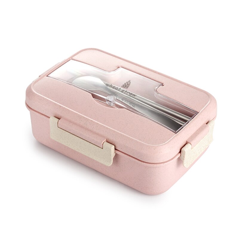 Fiambrera con contenedor de almacenamiento de alimentos para niños, caja de almuerzo con cuchara, palillos, vajilla de paja de trigo, escuela y oficina: Rosa
