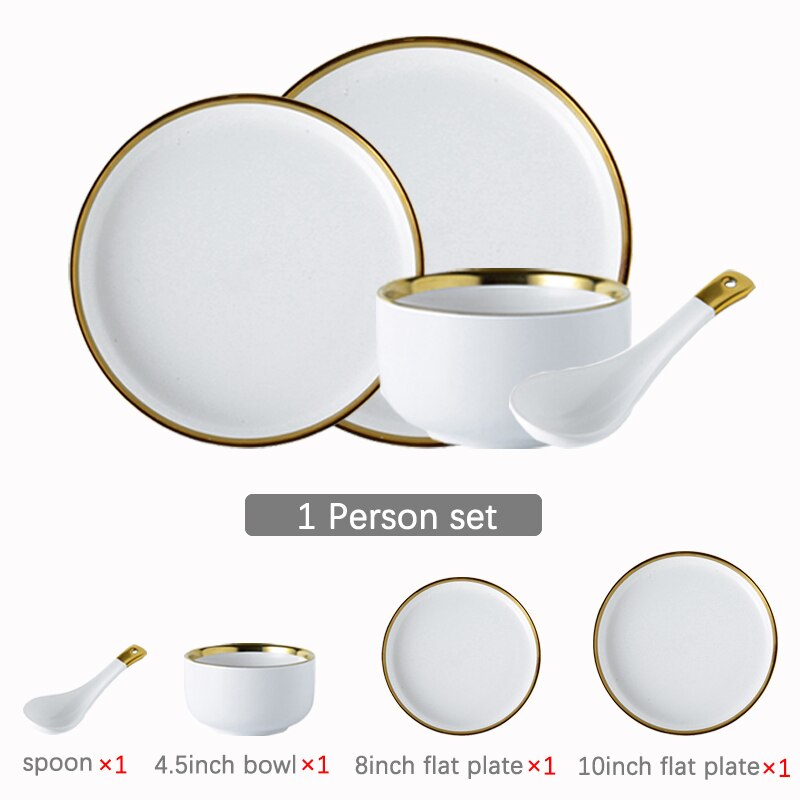 Juego de vajilla de porcelana con borde dorado, plato de cerámica para pastel, comida, ensalada, sopa, tazón, vajilla para restaurante: 1 person set