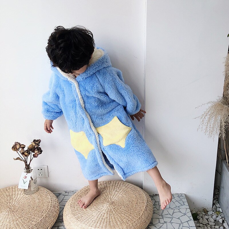 Winter Flanel Kids Pyjama Winter Warm Kinderen Nachtkleding Pyjama Jongen Meisje Met Capuchon Casual Kids Kinderen Een Stuk Pyjama: Sky Blue / 170cm