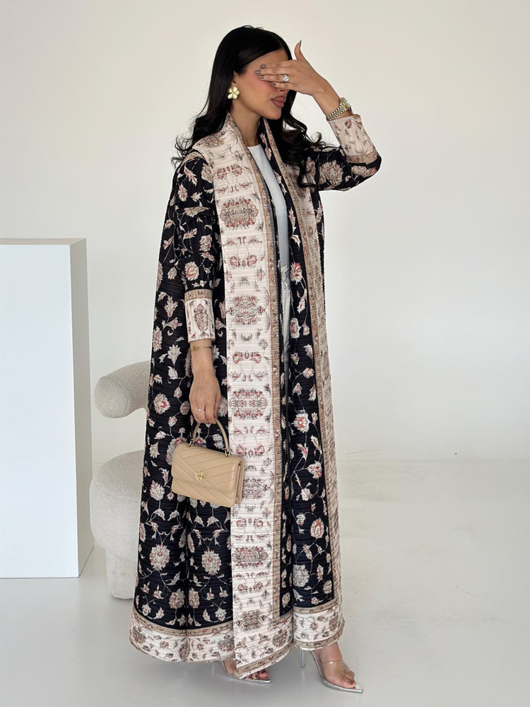 Abaya Miyake plissé imprimé Robe veste arabe dubaï Style femmes à manches longues conservateur recat musulman Trench Coat 55 pouces: Argent