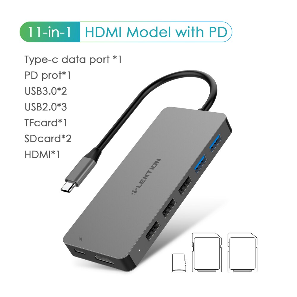 Thunderbolt 3 Dock Usb Type C Naar Hdmi Hub Adapter Voor Macbook Samsung Dex Galaxy S10/S9 USB-C Converter sd/Tf Card Readers: 11 in 1 space grey