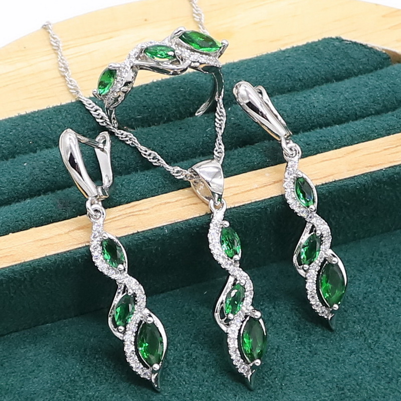 Marquise Green Emerald 925 Sterling Zilveren Sieraden Set Voor Vrouwen Armband Oorbellen Ketting Hanger Ring: 3pcs / 6