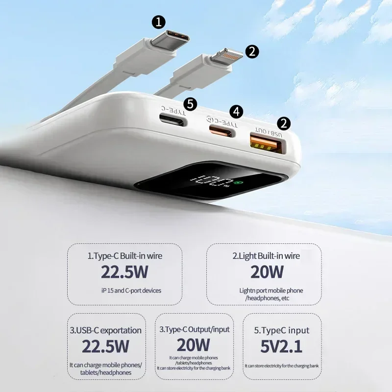 Tragbarer akku 20000 mah , 22.5w schnelllade-powerbanks, -in 2 kabel für huawei, iphone und xiaomi, externer akku