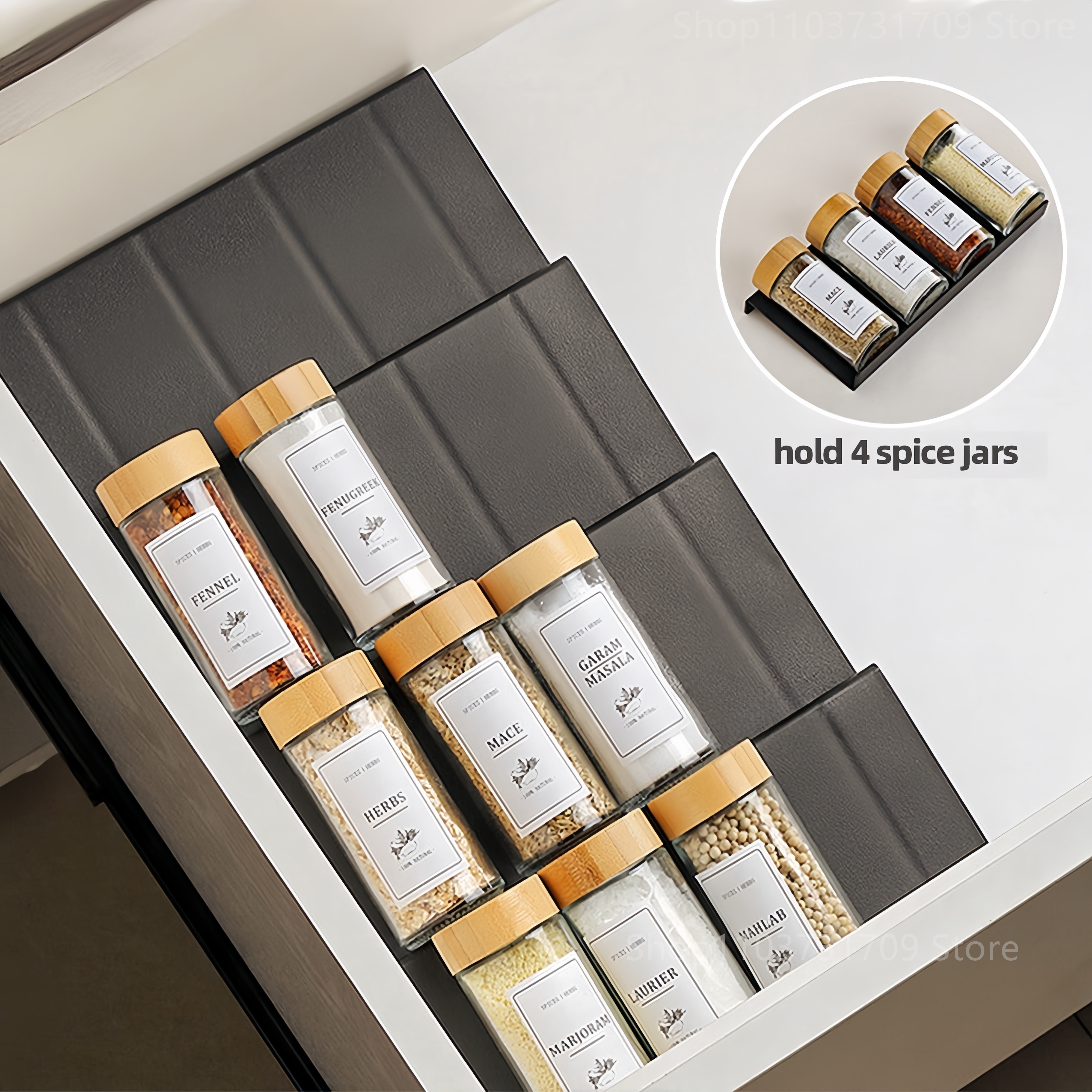 Cajón estantes de especias para cocina, estante de especias ajustable de 4 capas para tarros de especias, estante para condimentos, armario, despensa, organizador de cocina