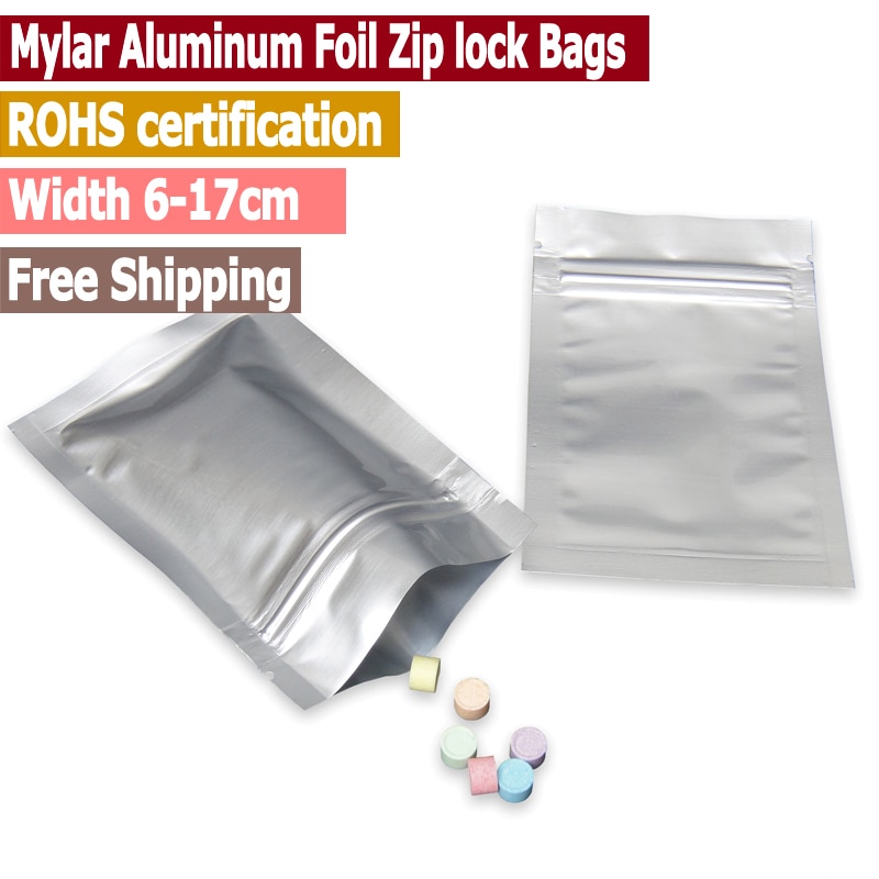 100 pc mylar aluminium blixtlåspåsar påsar, matförvaringspåsar zip lock påsar luktsäkra bredd från 6cm to 18cm
