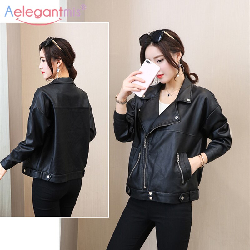 Aelegantmis klassisk sort kvinder løs pu læderjakke efterår vinter plus size outwear dame blød imiteret læder biker jakke