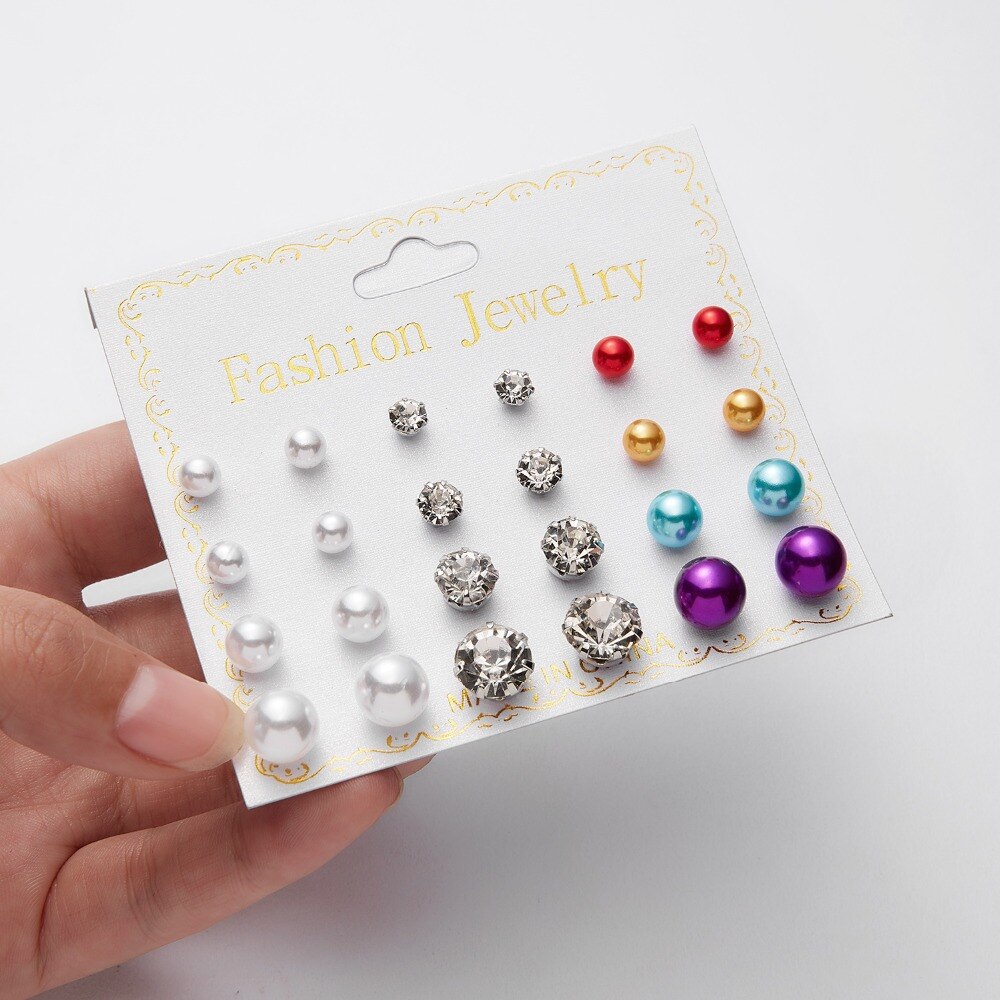 12 Pairs/set Classic Crystal Stud Earring Sets Women's Round Ball Metal Pearl Flower Earrings For Women Girl Mixed Jewelry