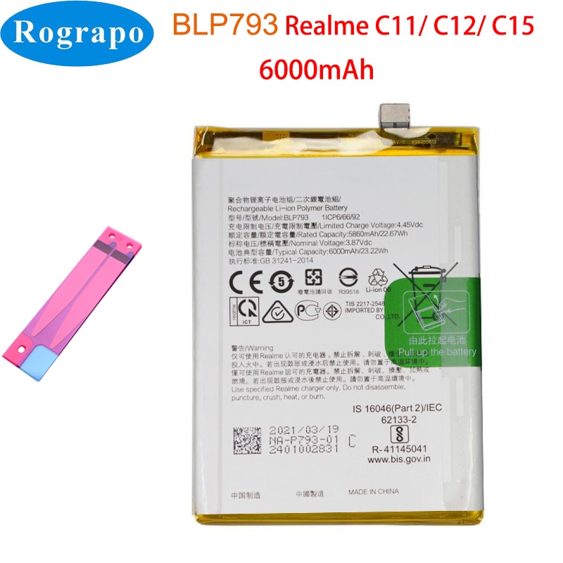 Batería BLP793 de 6000mAh para teléfono móvil Oppo Realme, C11, C12, C15, C25, C25s, Narzo 20, 30A, novedad