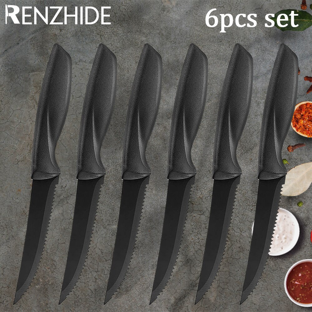 RZD cuchillo para carne de 4,5 pulgadas, juego de cubiertos de acero inoxidable para Chef, filo dentado, herramienta de vajilla para comida occidental: A 6PCS SET