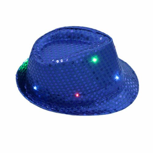 Men Women Glitter Sequin Flashing Light Up LED Fedora Trilby Cap Dance Jazz Hat Gangster Party Costume
