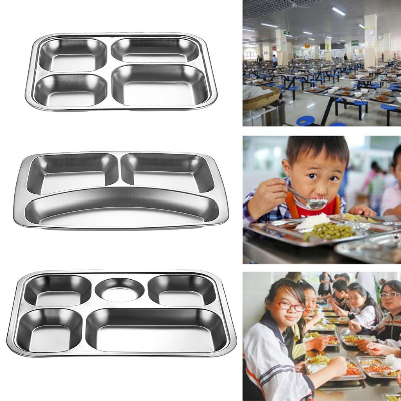 Stainless Steel Divided Dinner Tray Lunch Container Food Plate for School Canteen 3/4/5 Section