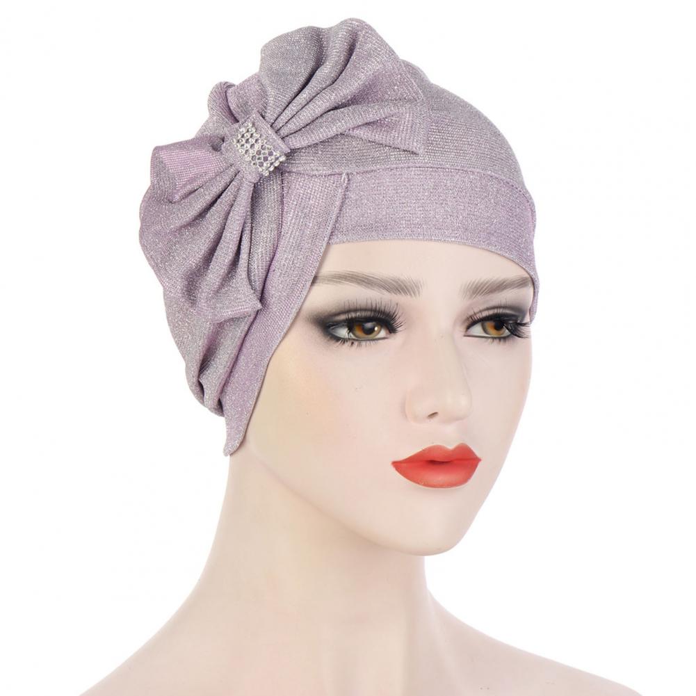 Tulband Cap Effen Kleur Vrouwelijke Glitter Warme Boog-Knoop Beanie Hoed Beanie Headwrap Voor Wassen Gezicht: Light Purple