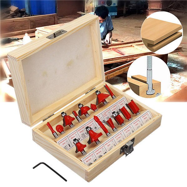15PCS 1/4" Shank Tungsten Carbide Router Bit Set Wood Case tool kit Milling Cutter Router bit set 6.35mm