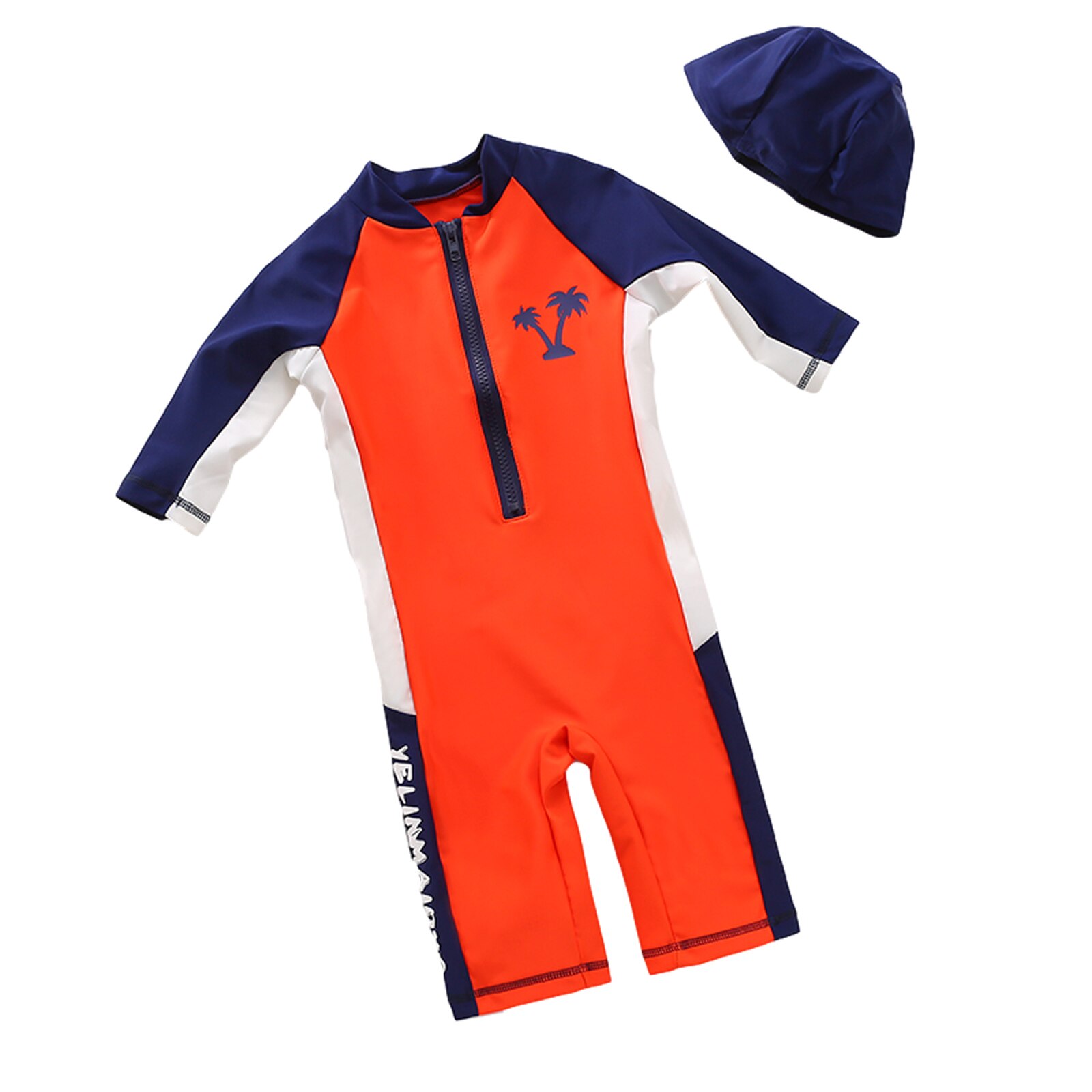 Kids Een Stuk Badpakken Met Hoed, kokospalm Print V-hals Met Lange Mouwen Jumpsuit + Effen Kleur Cap Voor Jongens