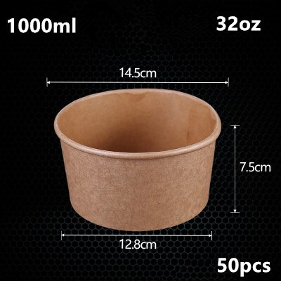 Cuenco de papel desechable de gran tamaño para ensalada de frutas, paquete de comida rápida, almacenamiento de comida para llevar, paquete de cumpleaños para exteriores, 50 unids/paquete: 1000ml no lid