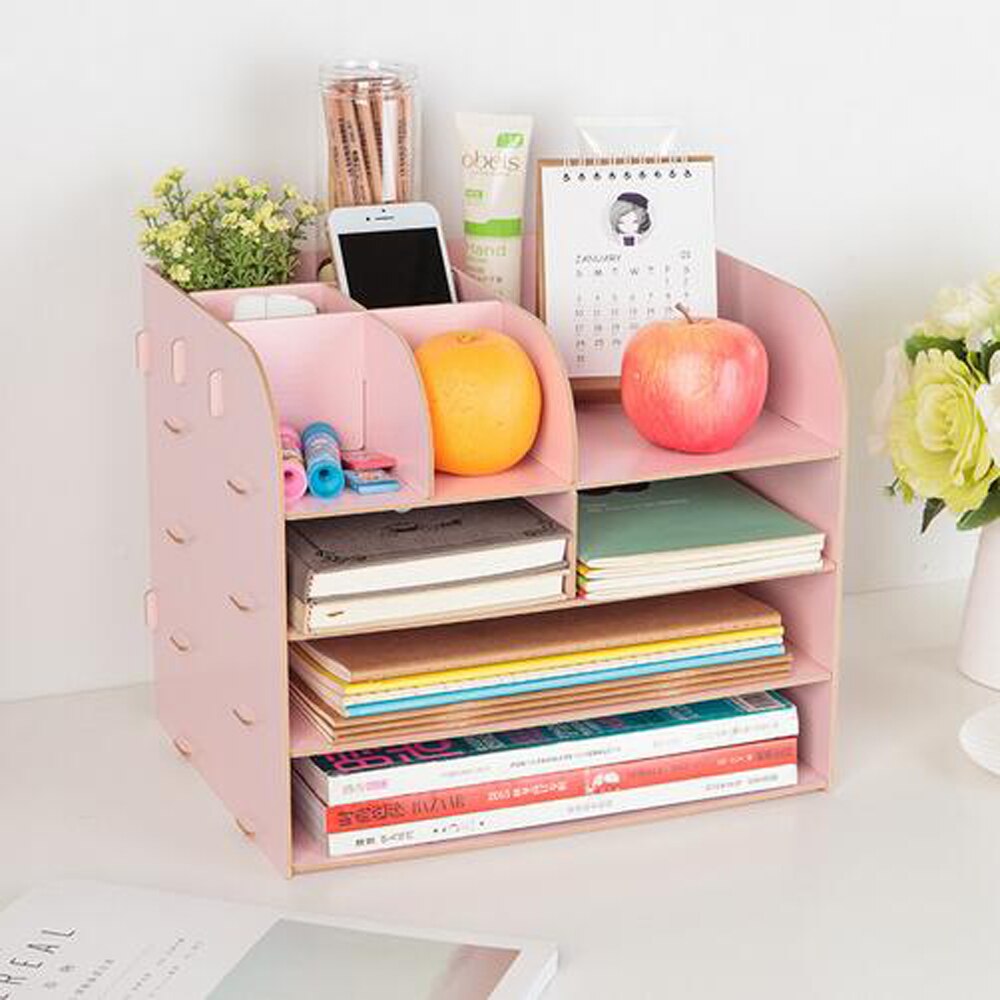XRHYY Desktop Wooden Storage Box Office Supplies Finishing Storage Box Office File Rack Multi-Layer File Shelf A4 Data Bookshelf