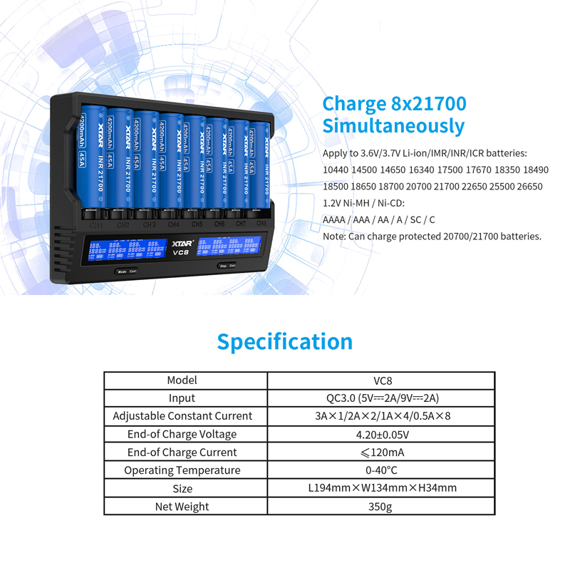 XTAR Batery Charger VC8 VC4 VC4S USB Charger Charging AAA AA Rechargeable Li-ion Batteries 10400-26650 20700 21700 18650 Charger