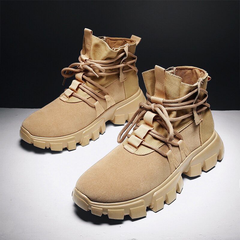 Bigfirse herr casual high top boots snörning herr skor korta boots herr sneakers lätta trend skor vår/höst: Kaki / 9.5