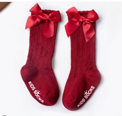 Crianças meninas grande arco na altura do joelho meia alta algodão macio rendas menina meias arco do bebê joelho longo recém-nascido meias novas crianças: Wine Bow Socks / Fit 2 to 4 year