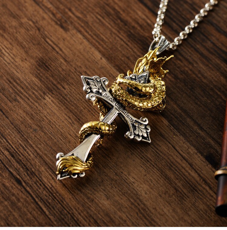 925 Sterling Silber Kreuz Goldenen Drachen Anhänger Für Männer modisch Felsen Punk Anhänger Ohne Kette männer Zubehör